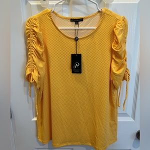 NWT Yellow Polka-dot Blouse with Rouched Sleeve Detail